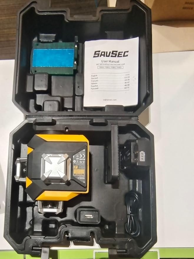 Laser Level 360 self leveling, SAVSEC 3 x 360° Brightness Adjustable Lazer Leveler Tool, 3D Rechargeable Green Cross Line Laser for Construction and Picture Hanging - Magnetic Fine-adjust Wall Bracket