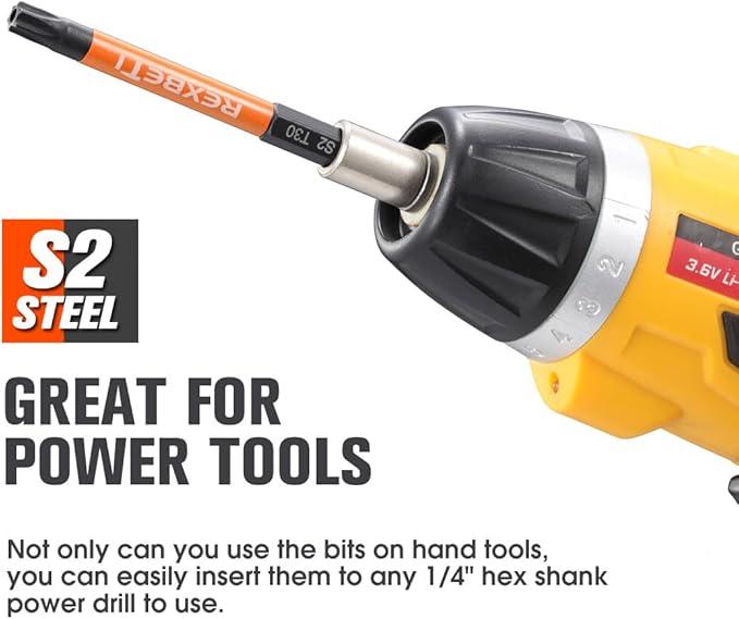 REXBETI 12 Piece Torx Head Screwdriver Bit Set, 1/4 Inch Hex Shank S2 Steel Magnetic 3 Inch Long Drill Bits, T5-T40 (Torx Head)