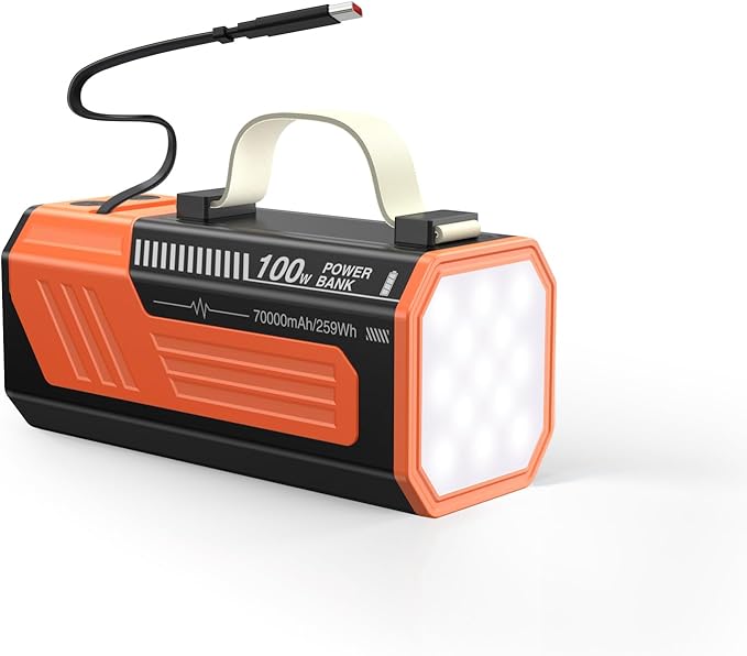 Laptop Power Bank,70,000mAh Portable Charger with 100W USB-C Ports, Built-in and Retractable Cables,100W Input, Fast Charging for MacBook Pro/Air/iPhone 16/iPad Pro/Galaxy S25 Ultra and More