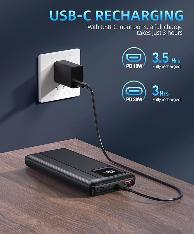 Power-Bank-Portable-Charger - 16000mAh Power Bank Support PD 30W and QC4.0 Fast Charger with Built-in 2 Output Cable and LED Display for iPhone and Android Phones and Most Electronic Devices