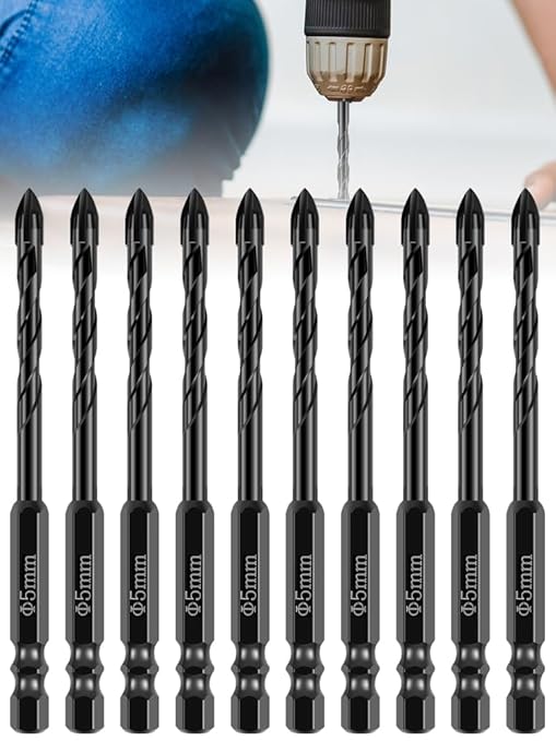 10Pcs Concrete Drill Bit Set 5mm Alloy Masonry Drill Bit Set Stable Carbide Tipped Tile Drill Bit Cross Head 1/4 Hex Shank Drilling Hole Bit for Concrete Cement Brick Wood (5mm 10pcs)