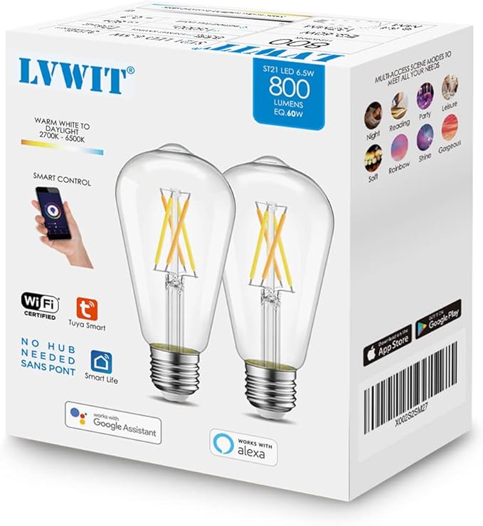 LVWIT WiFi Dimmable Vintage LED ST21 Edison Smart Bulb, 60 Watt Equivalent, E26 Base, 2700K - 6500K, Compatible with Alexa, Google Assistant, No Hub Required,2 Pack