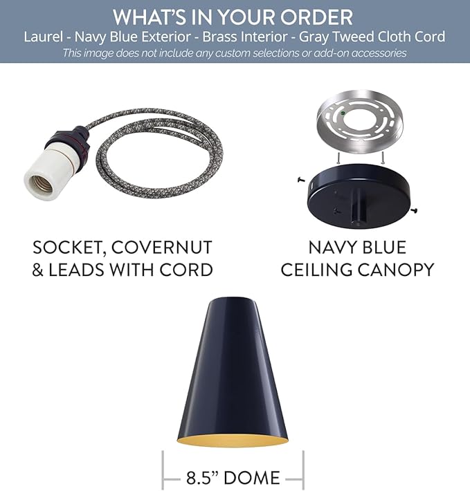 Steel Lighting Co. Laurel Pendant Light | Ceiling Mounted | 8.5 inch Cone Shade | Modern Contemporary Farmhouse Style Made in America | Gray Tweed Cloth Cord | Navy Blue Exterior/Brass Interior
