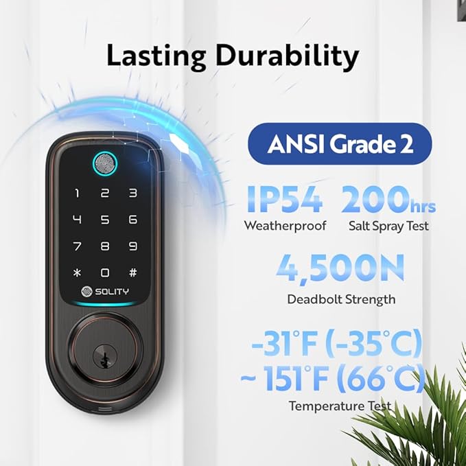 Solity No-Hub Smart Digital Door Lock, Designed in Korea, Keyless Entry, Wi-Fi, Remote Control, Touchscreen Keypad, Auto Lock, IP54 Waterproof GT10BK Biometric (GT10BK_ORB)