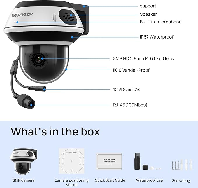 VIKYLIN UltraHD 4K 8MP PoE IP PTZ Camera Outdoor,4K PTZ IP Dome Security Camera with 5X Optical Zoom 2.7-13.5 mm, Human Vehicle Detection, 2-Way Audio,131ft IR Night Vision, IK10/IP67,Blue Iris,NDAA