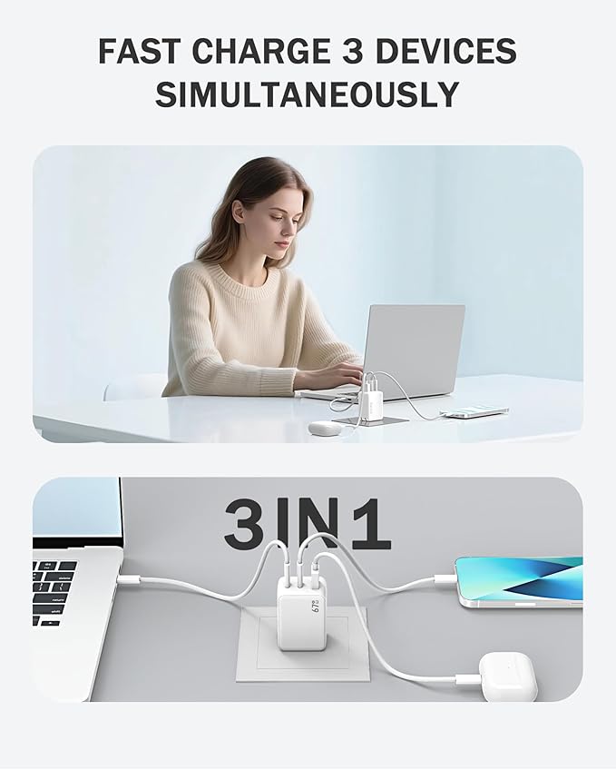 WeLink 67W USB C Charger, GaN PPS 3-Port Fast Compact Foldable USB C Charger Block for MacBook, iPad Pro, Galaxy S24, iPhone 16/15 and More