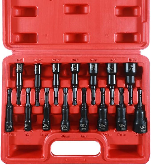 15PCS Magnetic Nut Driver Set,Impact Power Hex Nut Driver Drill Bit Master Kit, SAE & Metric, 1/4-Inch Quick-Change|Cr-V Steel