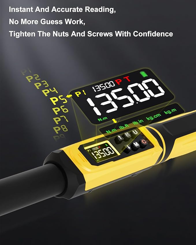 Digital Torque Wrench 3/8" Drive, 1.5-99.5 FT.Lb - 5 Units with Color Screen, Vibration/Buzzer/LED, 5" Extension & 3/8 to 1/2 Adapter, 3/8 Torque Wrench ±2% Accuracy for Car, Motorcycle, Bike Repair
