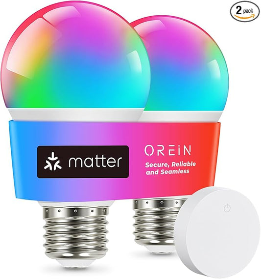 OREiN Matter Smart Light Bulb, Smart Light Bulbs with Remote Control Work with Apple Home, Alexa, Google Home, SmartThings, Color Changing Light Bulbs 2.4Ghz WiFi, 800 Lumens Equivalent 60W 2Pack