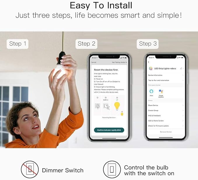TREATLIFE Smart Light Bulbs, 2.4GHz WiFi LED Light Bulb, Dimmable Smart Bulb Compatible with Alexa, Google Home, SmartThings, UL Certified Warm White& Cool White(2700K-6500K), 800LM, E26, A19, 9W