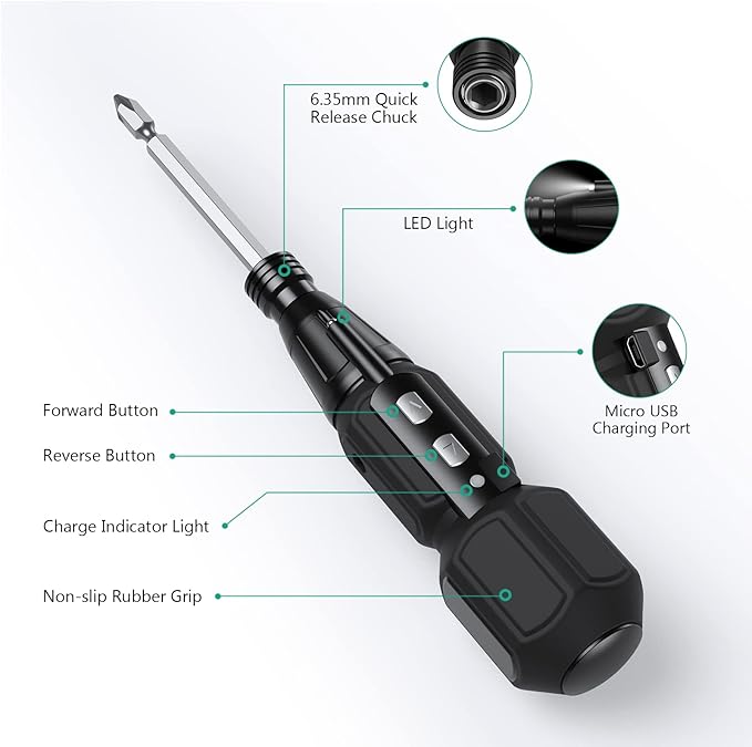 ORIA Electric Screwdriver Cordless, 12 in 1 Rechargeable Electric Screwdriver Set with 10 Bits and 1/4 inch Bit Holder, Power Repair Tool Kit with LED Lights, Charging Cable, for Phones,Toys, PC