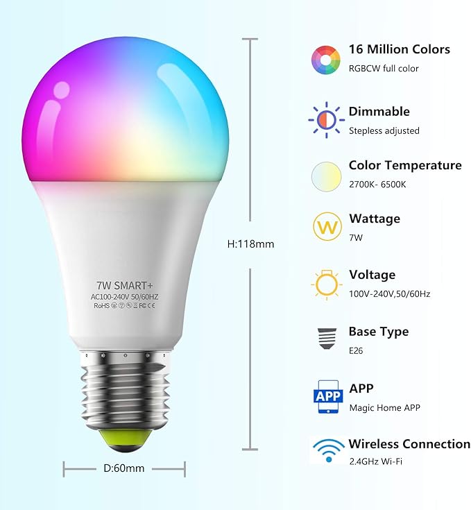 Smart Light Bulbs 4Pack, WiFi & Bluetooth 5.0, App Control, Color Changing LED Bulb, A19 E26 800LM Dimmable RGB Lights, 2700~6500K, Smart Home Lighting Works with Alexa Google Assistant