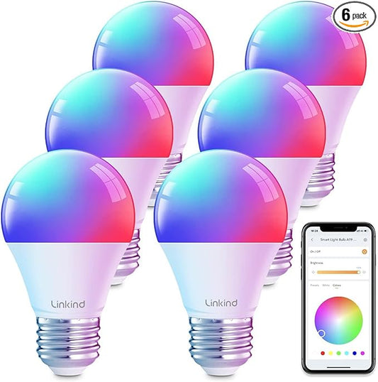 Linkind Color Changing Smart WiFi Light Bulbs, Work with Alexa & Google Home, A19 E26 Dimmable RGBTW Bulbs, No Hub Needed, 800 Lumen, 2.4Ghz WiFi, 6 Pack