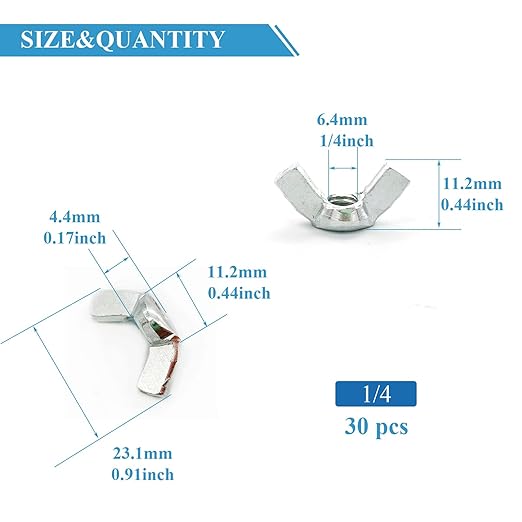 30 PCS 1/4-20 Inch Wingnuts, Quality Carbon Steel Wing Nuts Zinc Plated Fasteners Parts Butterfly Nut, Hand Twist Tighten Hardware Nuts Butterfly Wing-Nut 1/4-20” Assorted Kit