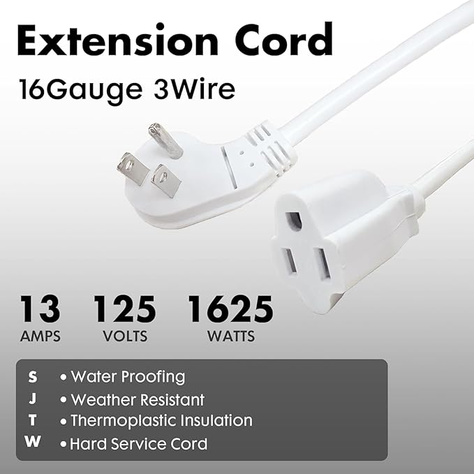 Indoor Flat Plug White Extension Cord 1ft, UL Listed, 16/3 SJTW 3 Prong Heavy Duty, 16 Gauge 13A Power Cord for Lights, Appliance, Home, Office