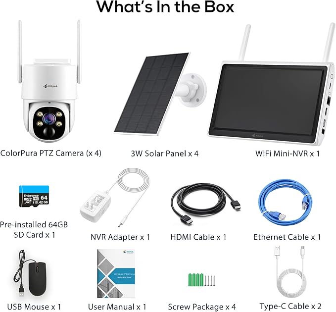 Kittyhok Outdoor Solar Security Camera System Wireless | 4pcs 2K Solar PTZ Security Camera, Pro Color Night Vision, Human Detection, 360 Viewing | 10CH NVR with 10'' HD Monitor, 60 Days Local Storage