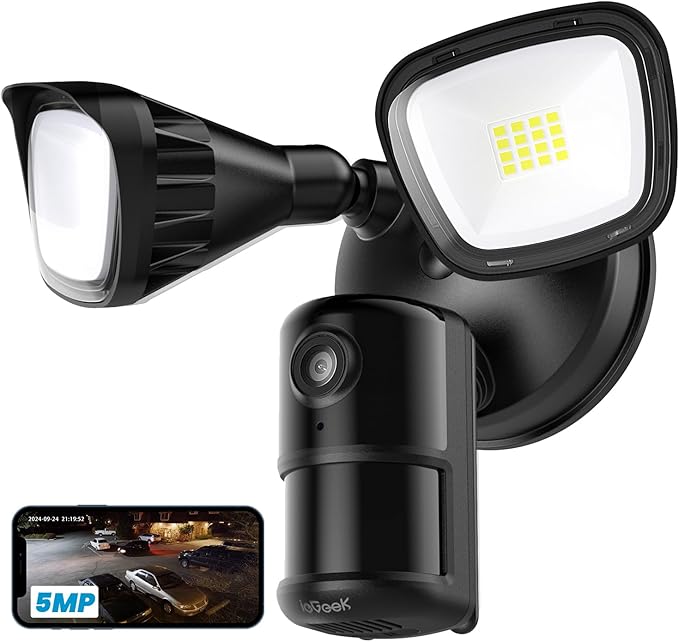 ieGeek 5MP Floodlight Camera Outdoor, Wired Home Security Light Cameras, 5G/2.4G WiFi Flood Light Camera Outside with Smart Motion Detection/Siren,Color Night Vision,2 Way Audio,24/7 Recording (Black)