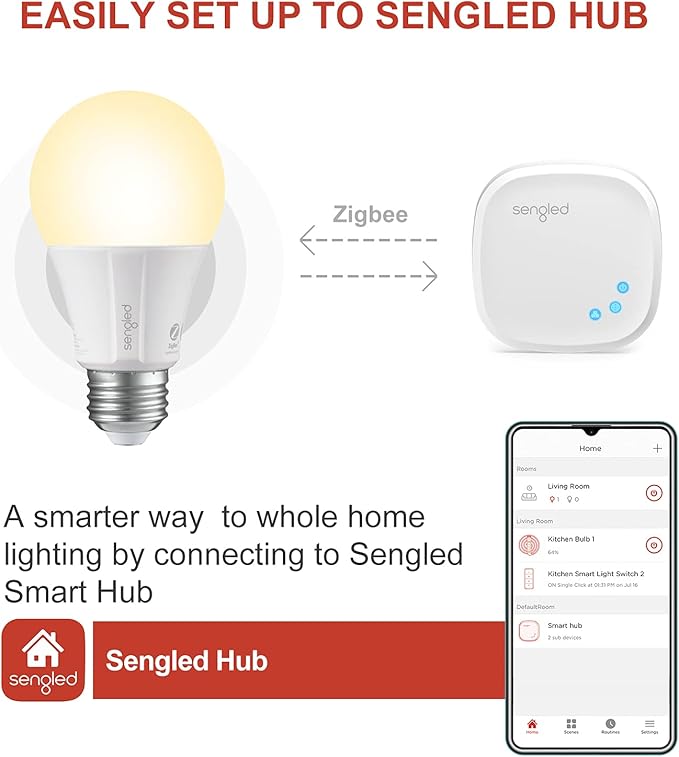 Sengled Zigbee Smart Light Bulbs, Smart Hub Required, Works with SmartThings and Echo with Built-in Hub, Voice Control with Alexa and Google Home, Soft White 60W Eqv. A19 Alexa Light Bulb, 6 Pack