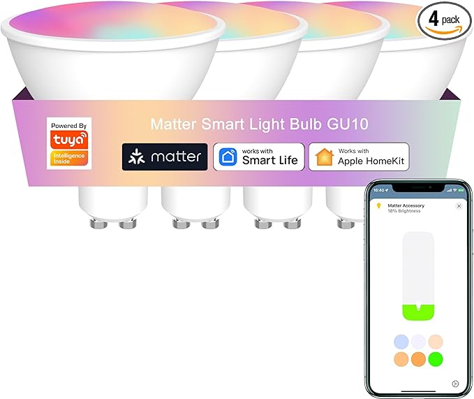 Smart Matter GU10 Light Bulb, WiFi, RGBCW Color Changing, 40W 400LM, Works with HomeKit Alexa Google Home, 4 Pack