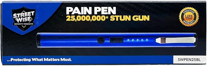 Streetwise Pain Pen 25,000,000 Volts Stun Gun for Self Defense - Tactical Stun Pen for Women and Men, USB Rechargeable, Battery Indicator, Durable Clip, Compact and Concealable for Protection
