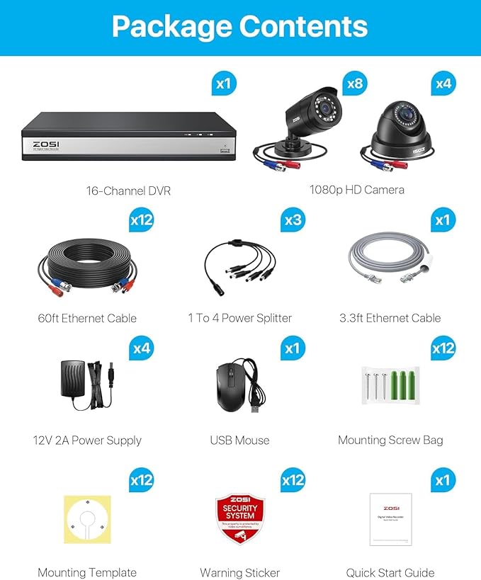 ZOSI 16CH 3K Lite Security Camera System with 2TB HDD,AI Human/Vehicle Detection,Night Vision,Remote Access,H.265+ 16 Channel 5MP Lite HD-TVI DVR with 12PCS 1080P Outdoor Indoor Surveillance Cameras