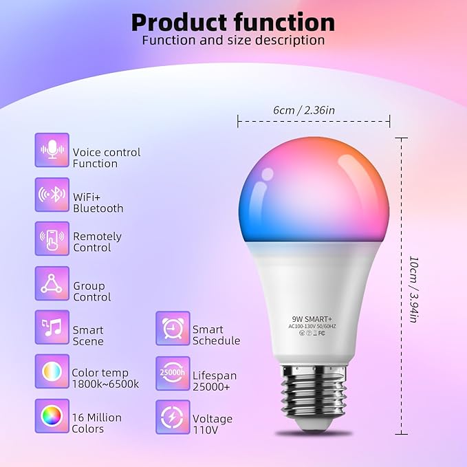 Smart Light Bulbs 2Pack, Color Changing Light Bulb Works w/Alexa Google Home, 9W A19 E26 800LM RGBTW Colored LED Bulbs, 50+ DIY Scenes, Music Sync, App & Voice Control WiFi Light Bulbs