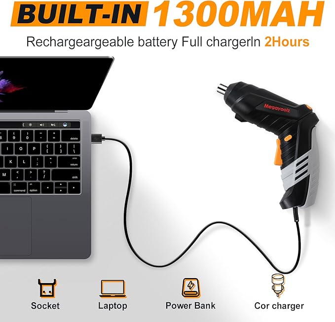 Megarooz Electric Cordless Screwdriver with Rechargeable Battery and Charger, Rotating Handle, LED Light, 47PCS Drill/Driver Accessories,Comes with packaging box for convenient storage (black)