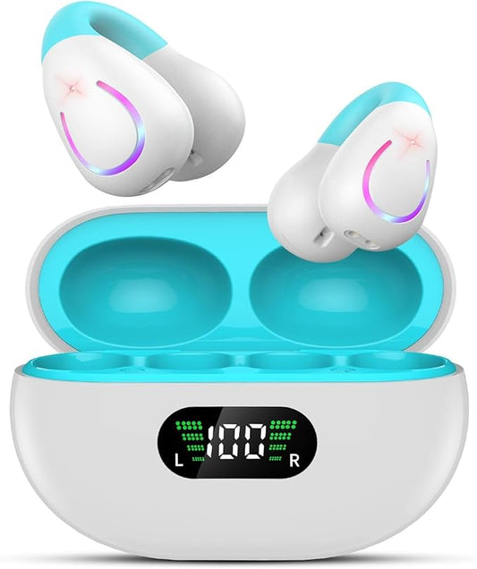 Clip On Earbuds, Wireless Bluetooth 5.3 Lightweight Comfort Bone Conduction Open Ear Headphones with LED Digital Display Charging Case Sport Built-in Mic IPX7 Waterproof for Running Fitness, Sky Blue