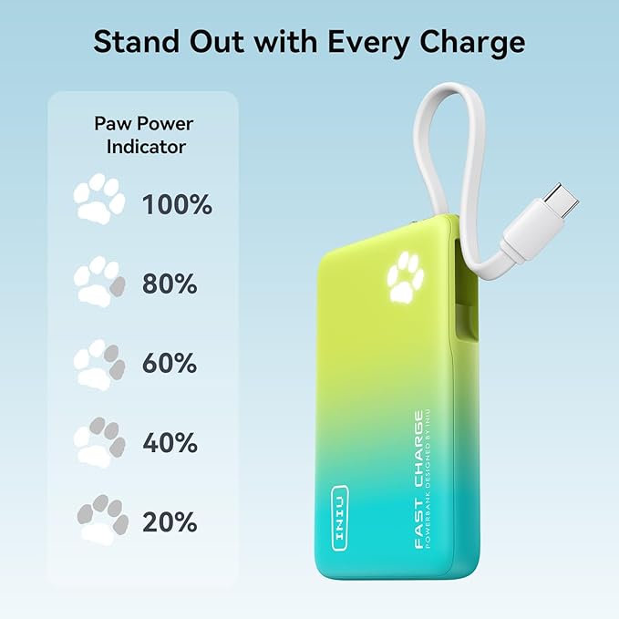 INIU PawGo Portable Charger, 45W PD 10000mAh Fast Charging Slim Power Bank, Built-in USB C Cable Battery Pack, Travel Essentials Powerbank for iPhone 16/15 Pro Max, Samsung S25/S24 etc, Tropic Punch