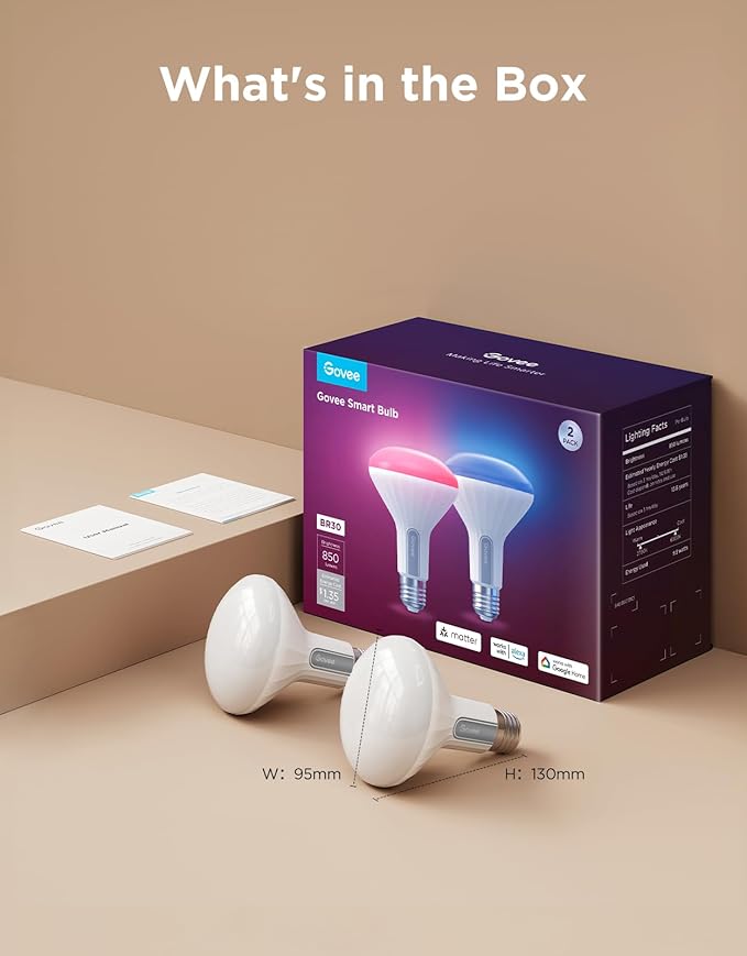 Govee BR30 Smart Light Bulbs, Works with Matter, Alexa and Google Assistant, LED Light Bulb, WiFi RGBWW Color Changing Flood Light Bulbs, Recessed Can Light Bulb, 2.4Ghz only, 850 Lumen, 2 Pack