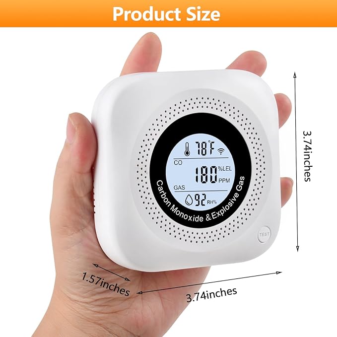 Plug-in Carbon Monoxide & Natural Gas Leak Detector, 4-in-1 CO, Methane, Propane Alarm with Temperature & Humidity Monitor for Home, Kitchen, RV, Hotel, Travel – White