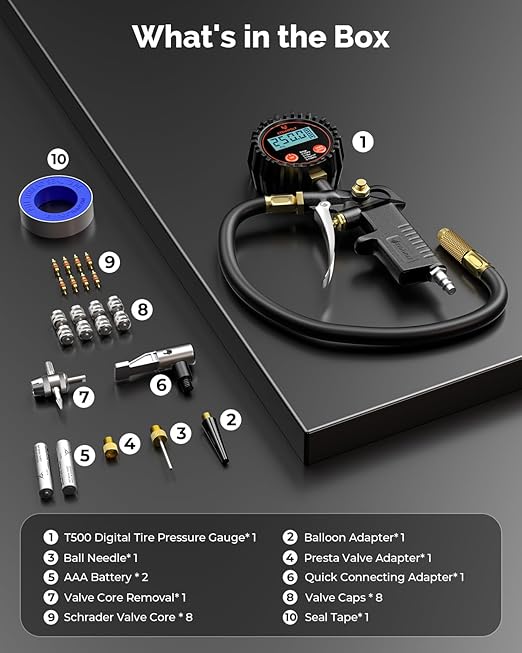 ETENWOLF T500 Digital Tire Pressure Gauge with Inflator, Tire Gauge 0-250 PSI, Calibrated to ANSI B40.7 Grade 2A, Air Chuck & Compressor Accessories with Storage Bag, Black