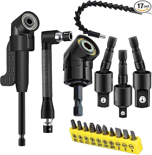 17-Piece Flexible Drill Bit Extension Set with 3 rotatable socket adapters, 2 hex shank 105° right angle drill attachments, 10 short screwdriver bits, and a 90° angled bit with a flexible extension