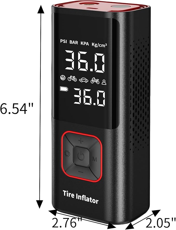 Cordless Tire Inflator Portable Air Compressor - 150PSI Air Pump with Auto Shutoff Function for Car Tires, Inflatables, Motorcycle, Balls, Compact Bike Tire Pump with LED Light, Red, Large