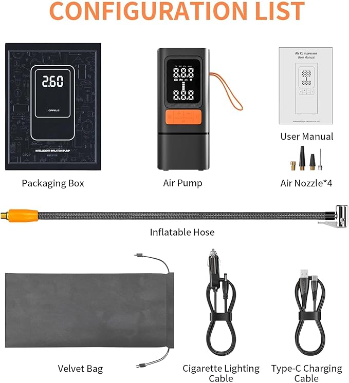 Tire Inflator, Portable Air Compressor for Car with Touch Screen, 150PSI Cordless, Fast Inflation (0-2.5BAR in 10min), Power Bank & LED Light, Auto Shut Off for Bike, Motorcycle, Ball