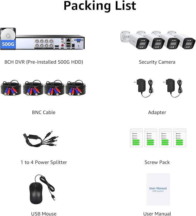 Wired Security Camera System, 8 Channel 5MP Lite CCTV Surveillance DVR Kit with 4 x 3MP Home AHD Security Camera Outdoor, IP66 Waterproof Metal Shell, Remote Access, Smart Detection,500G HDD