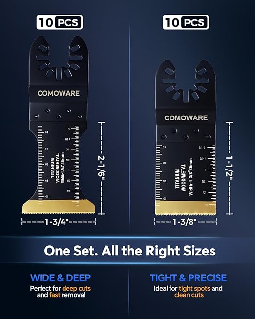 COMOWARE 20 Pcs Titanium Oscillating Tool Blade, 1-3/4” & 1-3/8” Professional Multi-Tool Blades Kit, Quick Release Durable Oscillating Saw Blades for Wood, Plastic & Soft Metal