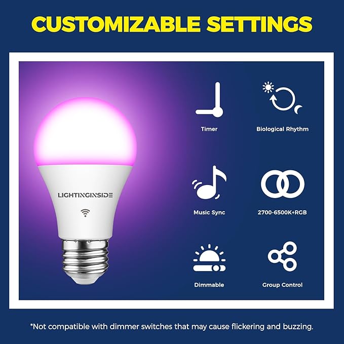 Smart Light Bulbs 6 Pack, Smart Bulb Works with Alexa/Google Home/Smart Life, CRI>90, RGBCW Color Changing LED Light Bulbs, 2.4G WiFi Bluetooth A19 E26 Bulb, No Hub Required, ETL Listed