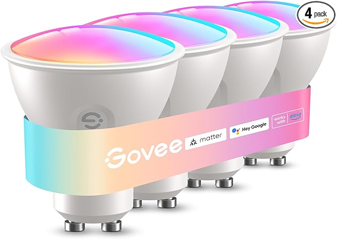 Govee GU10 Smart Bulb, Matter RGBWW Light Bulb Work with Alexa, Google Assistant, WiFi & Bluetooth Color Changing MR16 LED Bulbs, 64 Dynamic Scenes, Syncs with Music, 4 Pack, 400LM, GU10 Base