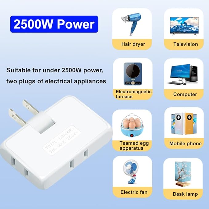 3 Way Flat Wall Outlet Extender,2 Prong180 Degree Portable Swivel Wall Tap Plug,Ultra Thin Folding Electrical Outlet Splitter (Easy Install),Type A,White,Pack of 2