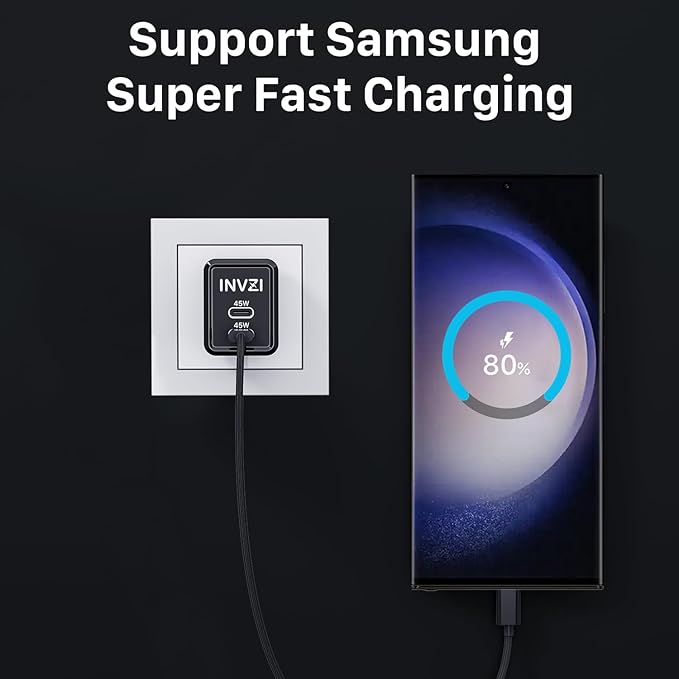 INVZI GaNHub 45W USB C GaN Charger, 2 Ports Foldable PPS Fast Charger Supports Super Fast Charging for Samsung Galaxy S24 Ultra/S23, iPhone 16/15, iPad Pro, Pixel