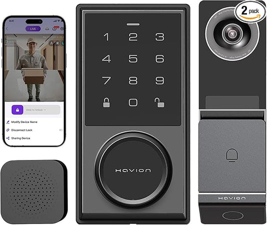 Wireless Video Doorbell w/Smart Lock Set - Incl. Chime, Dual Cameras, 5MP 3K QHD, 2'' Screen & 32GB eMMC, Motion Detection & Real-time Alert, 2-Way Audio, Door Bell and Keyless Entry Front Door Lock