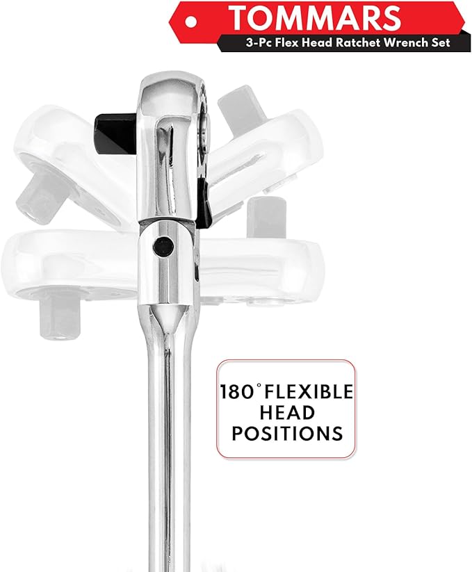 TOMMARS Flex-Head Ratchet Set, 1/4", 3/8", 1/2" Drive Flexible Ratchet Handle Wrench 72-Tooth Quick-Release Reversible