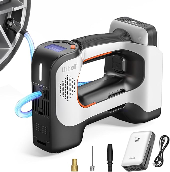 Litheli Cordless Air Compressor, 20V Portable Air Compressor, Cordless Tire Pump for Car, Bike, Sport Ball, Battery Tire Inflator, 3 Nozzle Adapters, 150 PSI, with 2.0 Ah U-Battery