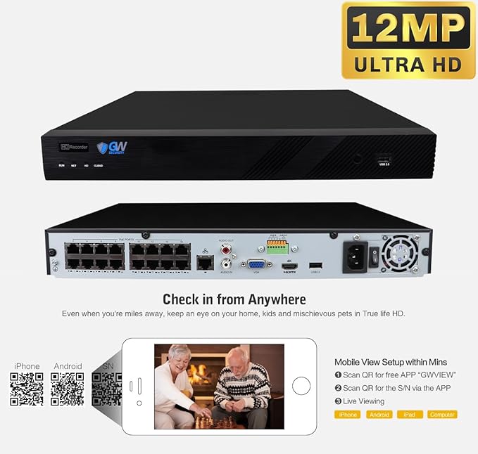 GW Security 32 Channel UltraHD 12MP 6K @ 30FPS Realtime 3X Motorized Zoom PoE Security Camera System with 16 x 12MP IP Two-Way Audio Full-Time Color Night Vision Outdoor/Indoor Smart AI Bullet Cameras