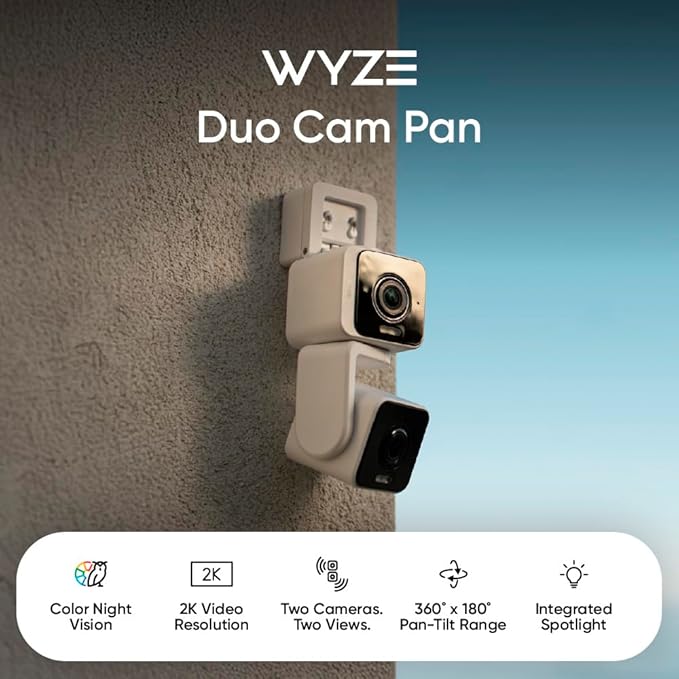 WYZE Duo Cam Pan Indoor/Outdoor IP65 2K 360° Pan/Tilt Smart Home Security Camera with Color Night Vision, Compatible with Alexa & Google Assistant, White