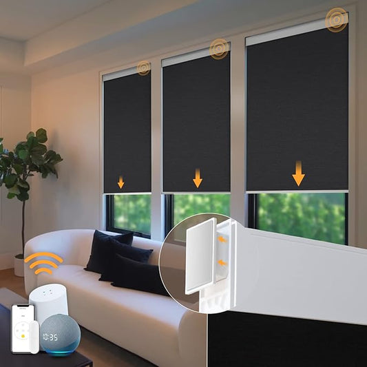 Motorized Blinds No Drill Automatic Blinds for Windows Cordless Roller Shades Electric Blinds with Remote Control Smart Blinds (Black, 28 x 72), MH100