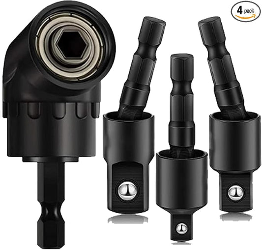 4-in-1 Impact Drill Bit Extension Set with a 105° angle screwdriver bit, right angle drill adaptor, and 360° rotatable socket adapters for 1/4", 3/8", and 1/2" sizes