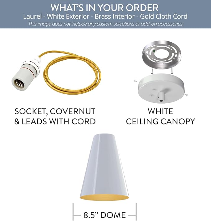 Steel Lighting Co. Laurel Pendant Light | Ceiling Mounted | 8.5 inch Cone Shade | Modern Contemporary Farmhouse Style Made in America | Gold Cloth Cord | White Exterior/Brass Interior