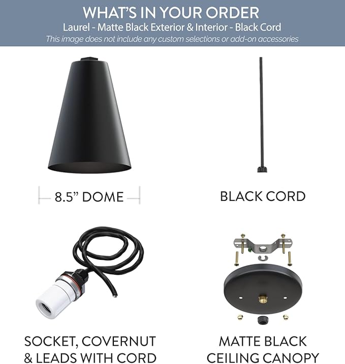 Steel Lighting Co. Laurel Pendant Light | Ceiling Mounted | 8.5 inch Cone Shade | Modern Contemporary Farmhouse Style Made in America | Black Cord | Matte Black Exterior/Matte Black Interior